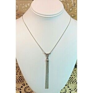 Vtg Long Silver Tone & Clear Rhinestone Hourglass Tassel Pendant Necklace 26"